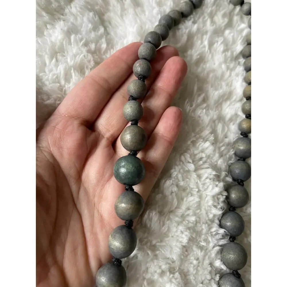 Wooden Round Black Blue Tans Beaded Statement Necklace NEW no tags 28 inches